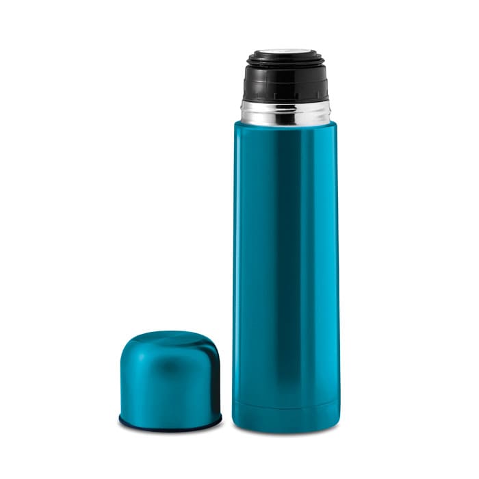 A drink bottle in a vibrant teal colour with a silver collar and a matching cap. The cap is placed beside the bottle.