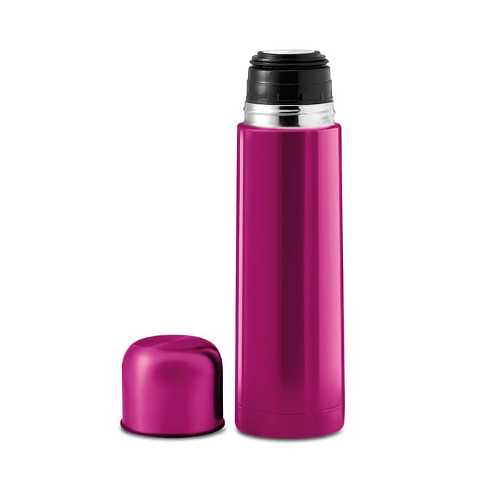 A drink bottle in a vibrant pink colour with a removable lid. It features a glossy finish and a logo.