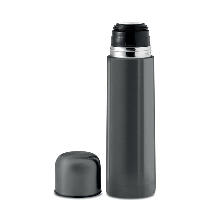 A drink bottle in a sleek grey design with a removable cap. Includes a metallic section near the top.