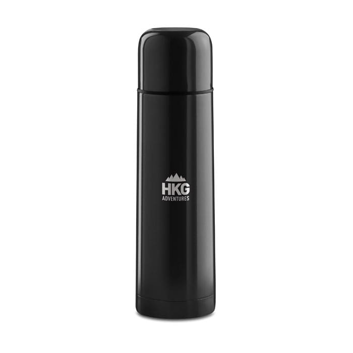 A drink bottle in sleek black featuring a logo, designed for outdoor adventures.