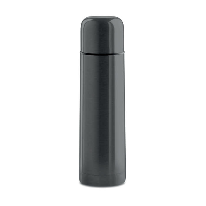 A drink bottle in sleek matte black with a rounded top, featuring a simple design and a logo.