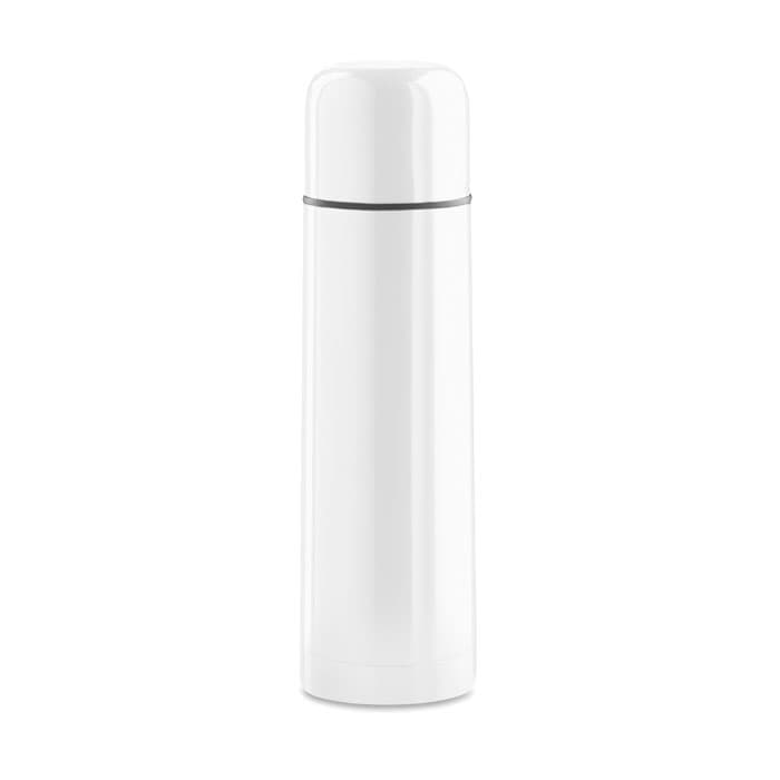 A drink bottle in glossy white with a sleek design and a black band around the middle, featuring a logo.