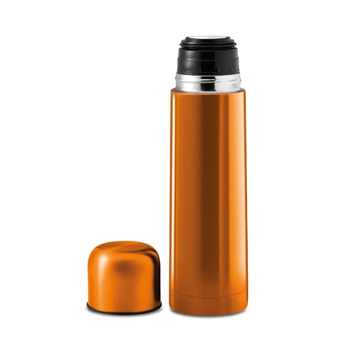 An orange drink bottle with a silver top and a separate matching cap. It features a logo on the side.