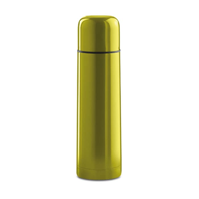 A drink bottle in vibrant lime green with a sleek, cylindrical design and a silver band.