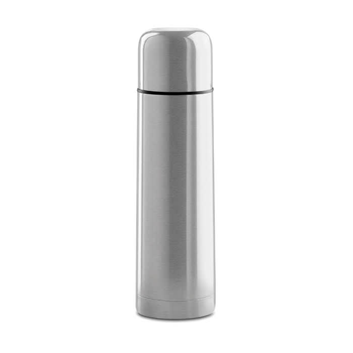 A drink bottle in a sleek silver finish with a smooth, streamlined design and a fitted lid.