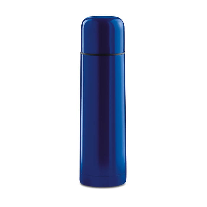A drink bottle in shiny blue with a sleek design and a black band near the top. It features a logo.