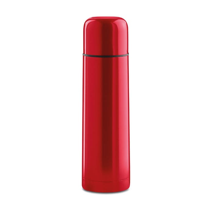 A red drink bottle with a sleek, glossy finish and a rounded top. It features a logo on the surface.