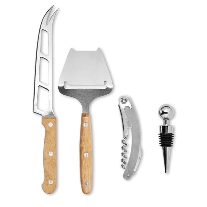 A set of four wine and cheese tools, including a knife, shovel, corkscrew, and pour spout with wooden handles.