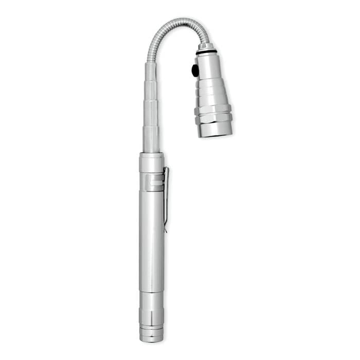 A silver flexible torch with a bendable neck and a clip, featuring a small head and a power switch.