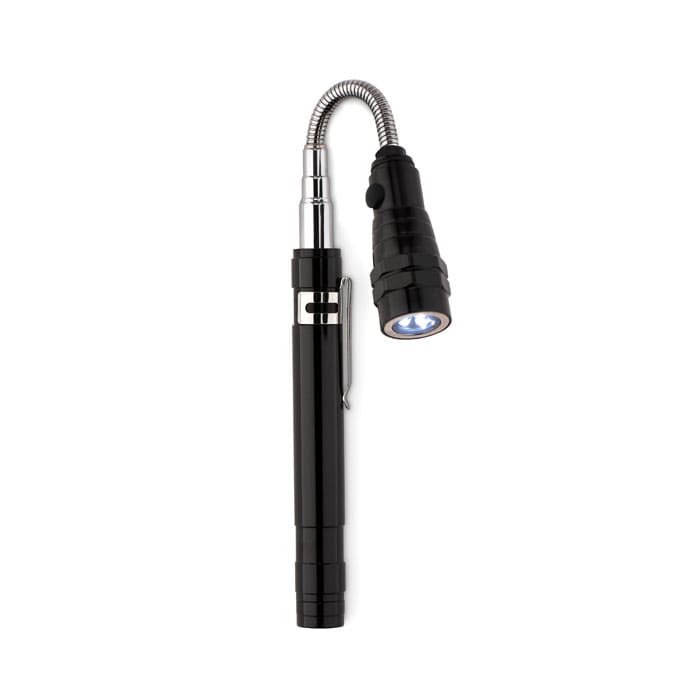 A black, flexible torch with a bendable neck and a LED light at the end, featuring a clip for easy attachment.