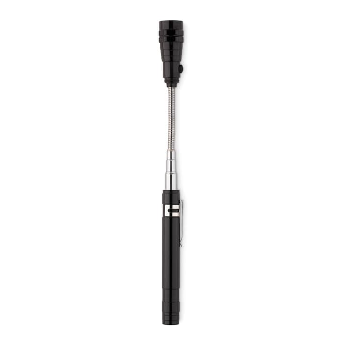 A black flexible torch with a pen-style design, featuring a clip and a textured head. It has a logo on its body.