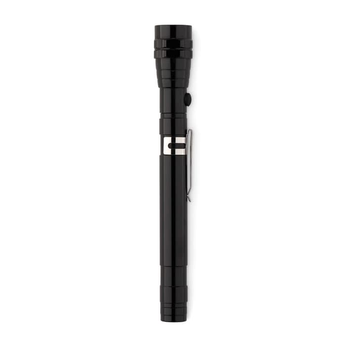 A black torch with a clip, featuring a cylindrical body and an on/off button. It has a sleek, modern design.