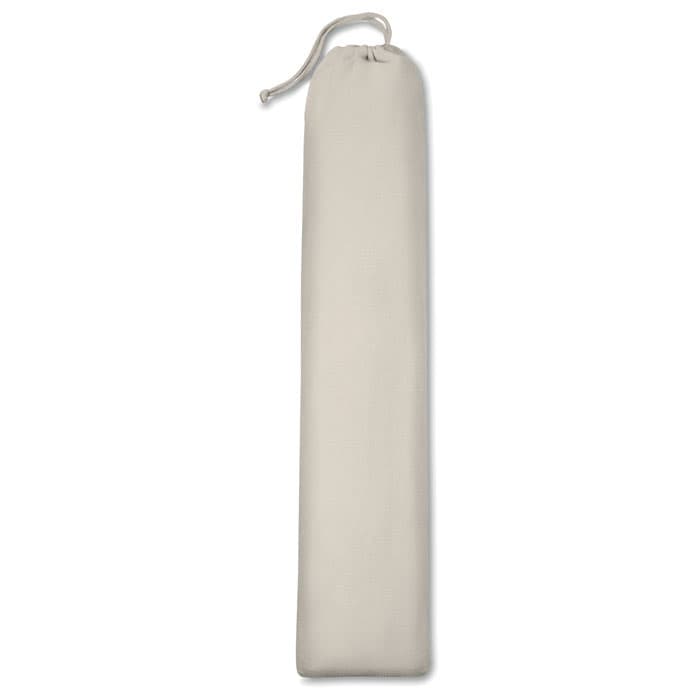 A beige hammock stored in a slim, cylindrical bag with a drawstring closure. It features a logo on the bag.