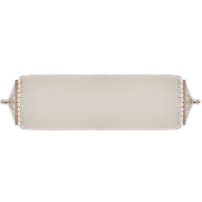 A hammock in a neutral beige colour with wooden ends and woven detailing. It features a sturdy design for relaxation.
