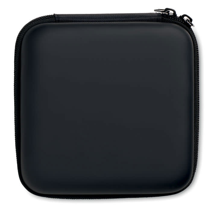 A black zippered case with a smooth exterior and rounded edges. It features a sturdy zip closure.
