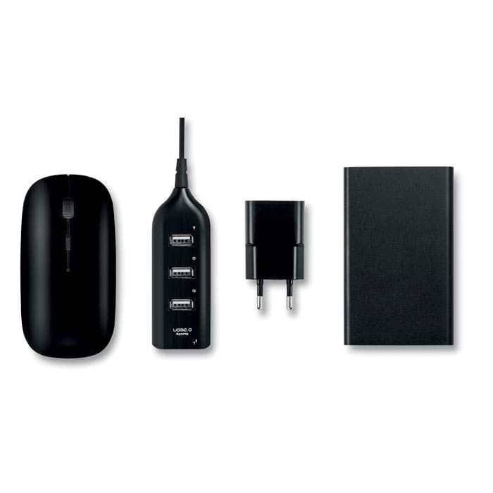 A collection of black tech accessories including a mouse, USB hub, power adapter, and portable battery.