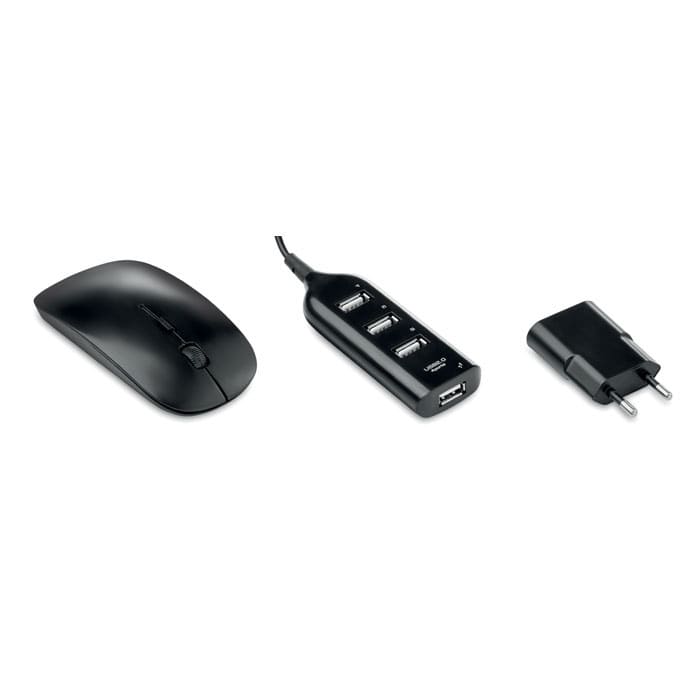 A black computer mouse, a USB hub with three ports, and a black power adapter. All items are sleek and modern.
