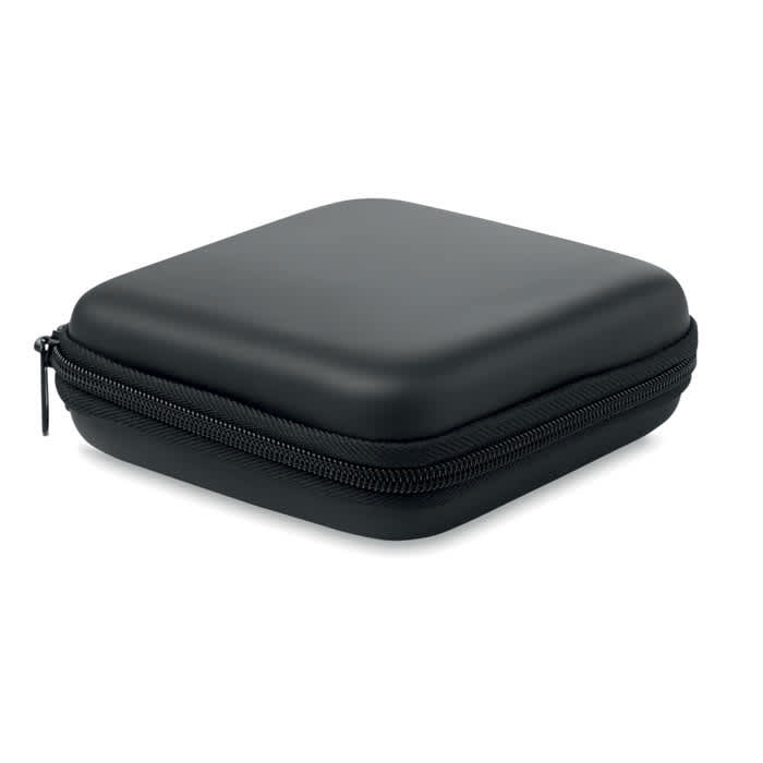 A square black case with a zip closure, featuring a smooth surface and rounded edges.