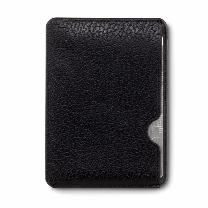 A black cardholder with a textured surface and a slot for cards. It features a sleek, minimalist design.