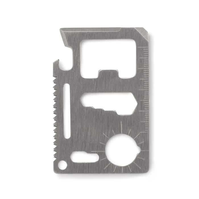 A multi-tool card in stainless steel featuring various tool shapes and measurement markings, compact and portable.