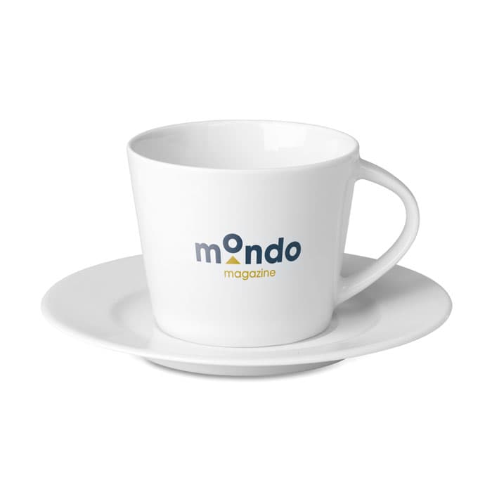 A white coffee cup with a handle on a matching saucer, featuring a logo.