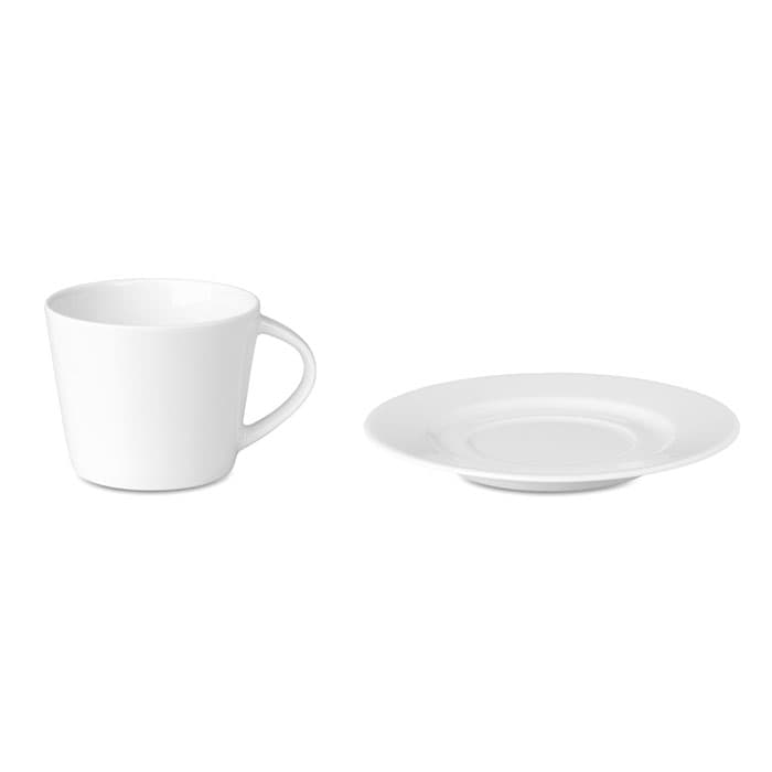 A white ceramic cup with a handle alongside a matching white plate. Both items have a simple, minimalist design.