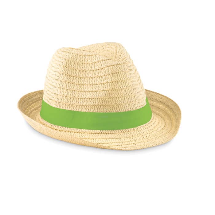 A straw fedora hat featuring a wide green band around its base.