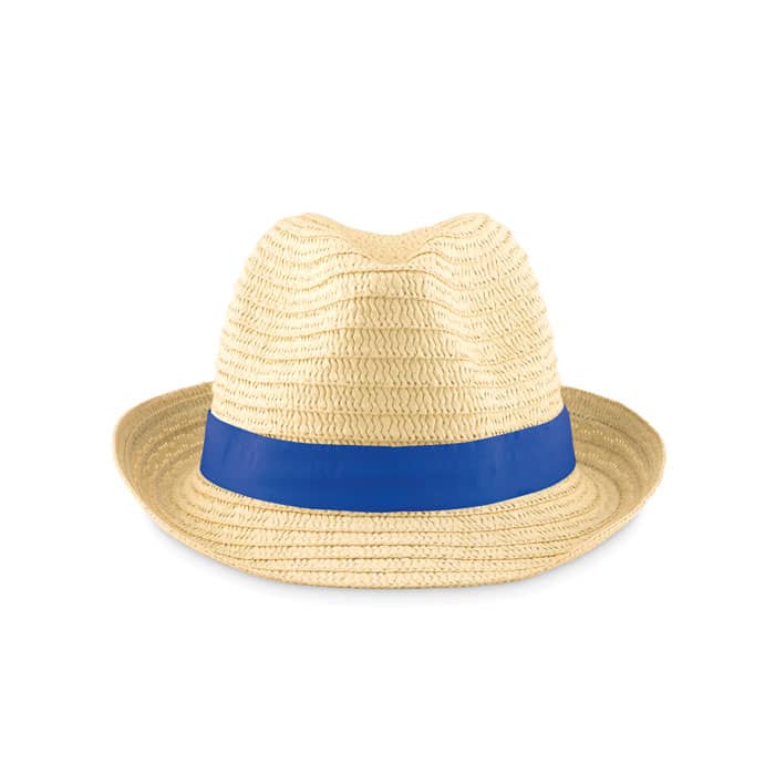 A straw hat with a blue band, featuring a classic fedora shape. The material is textured and lightweight.