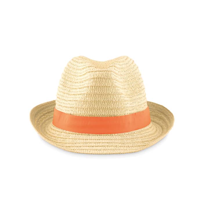 A straw hat with a wide brim and an orange band around the base. It has a textured weave.