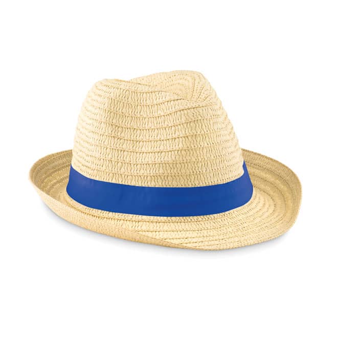 A straw hat in a light beige colour, featuring a blue ribbon around the base. It has a wide brim and a casual style.