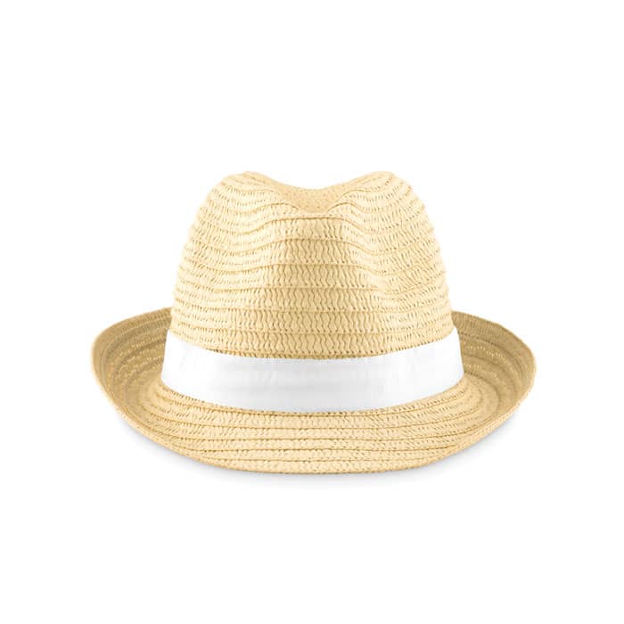 A straw fedora hat in a light beige colour with a white band around the base.