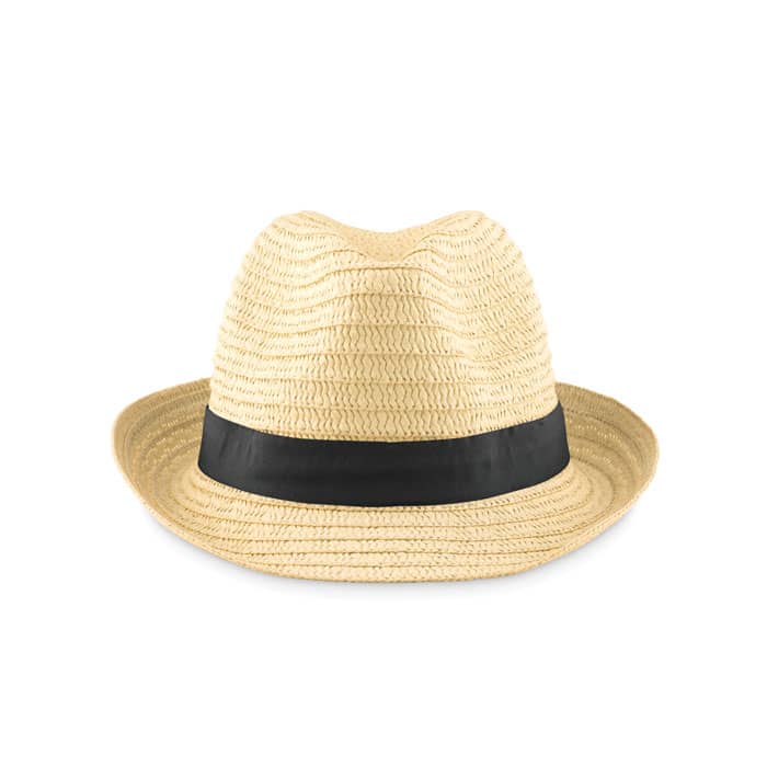 A straw hat in a natural colour with a black band around the base. It has a classic fedora shape.