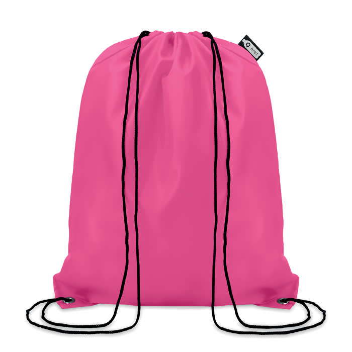 A pink drawstring bag with black cords and a small logo tag at the top.