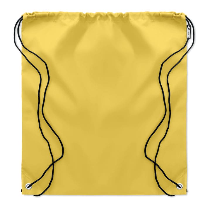 A drawstring bag in bright yellow with black cords. Simple and versatile design for carry-all purposes.