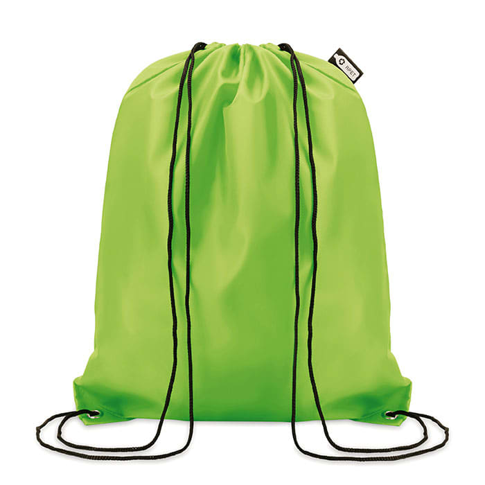 A drawstring backpack in bright green with black cords and a small logo tag.