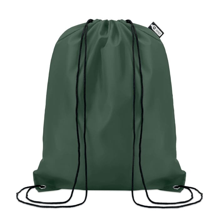 A green drawstring bag with black cords and a tag. Simple design suitable for various uses.