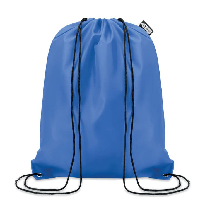 A blue drawstring backpack with black cords and a small logo tag. Perfect for carrying personal items.