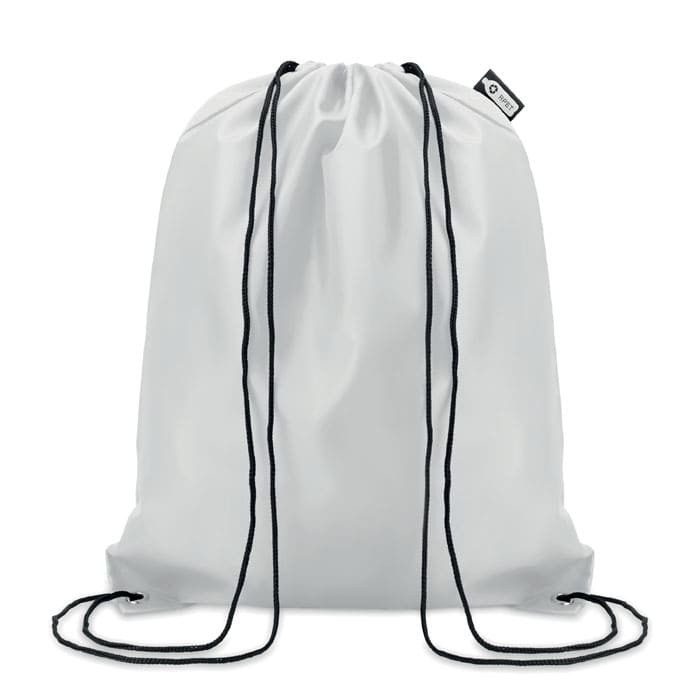 A drawstring backpack in white with black cords and a small tag on the side.