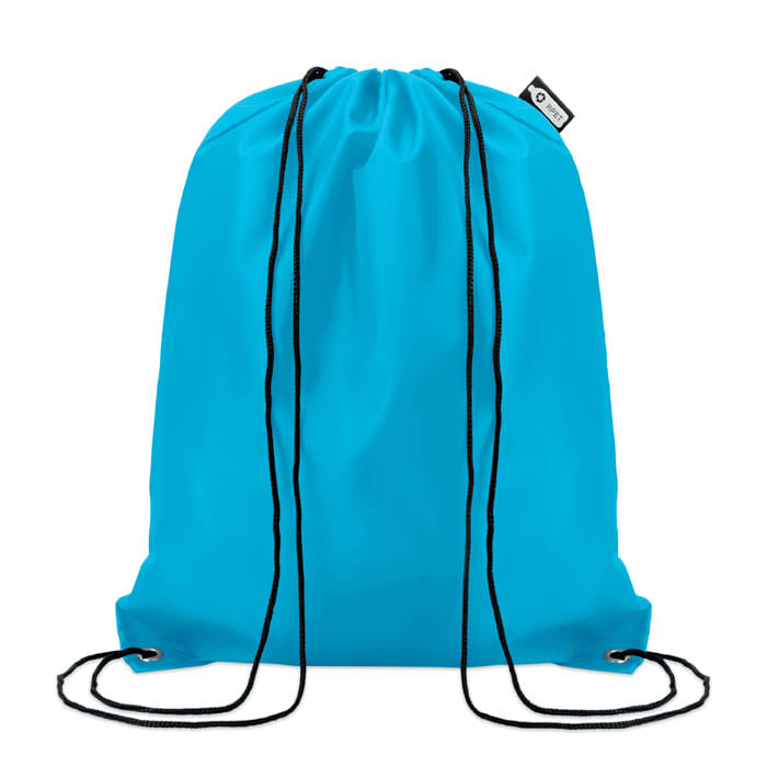 A blue drawstring backpack with black cords and a small logo tag at the top.