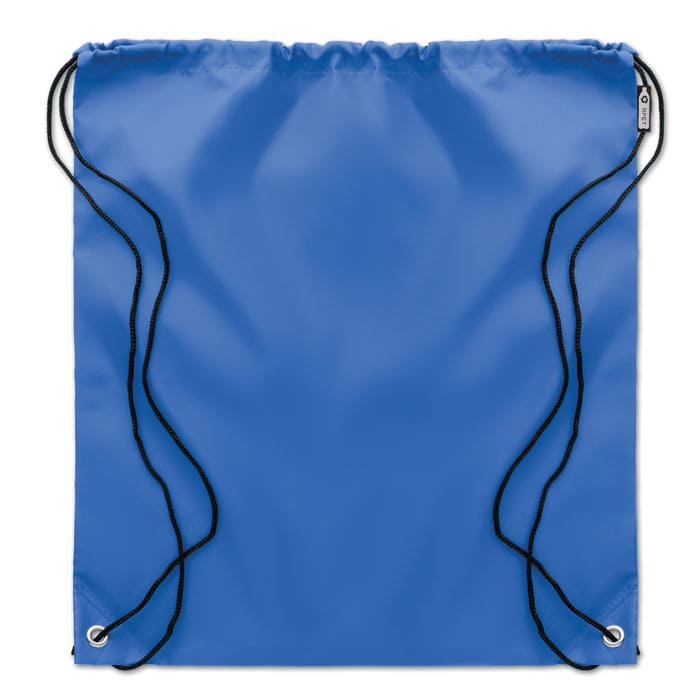 A drawstring bag in vibrant blue with black cords for closure and a smooth, glossy surface.