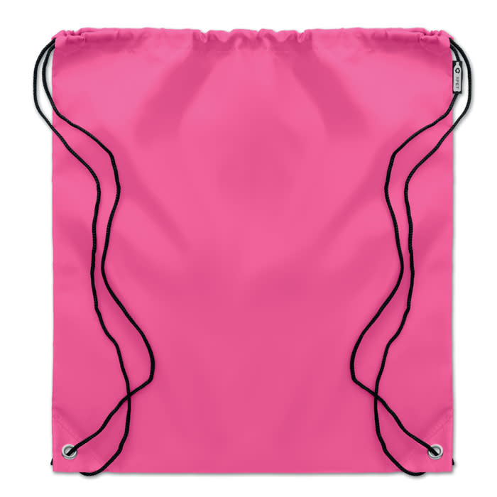 A drawstring bag in vibrant pink with black straps and a logo.