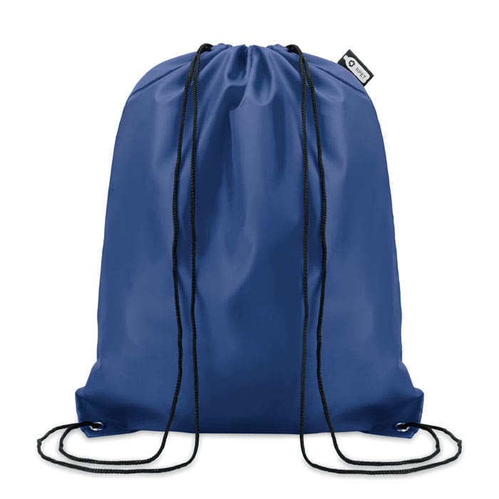 A drawstring backpack in navy blue with black cords, featuring a small logo tag.
