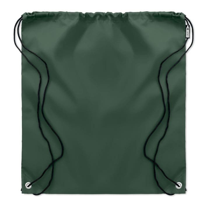 A drawstring bag in dark green with black cords, featuring grommet details for secure closure.