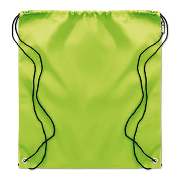 A drawstring bag in bright green with black cords for closure, featuring a logo on the front.