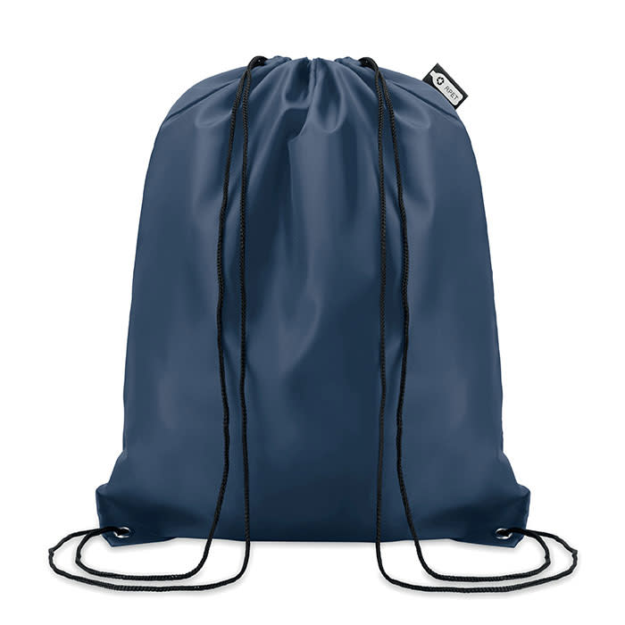 A navy drawstring bag made of durable material, featuring black drawstrings and a small logo tag.