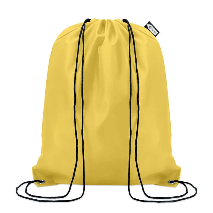 A yellow drawstring bag with black cords, featuring a small logo on the side.