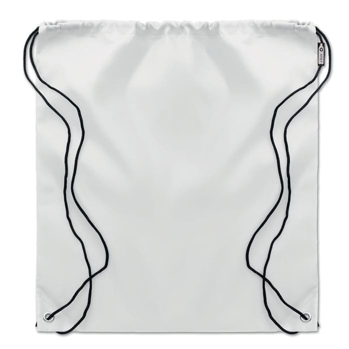A drawstring bag in white with black cords for closure, featuring a branding logo.