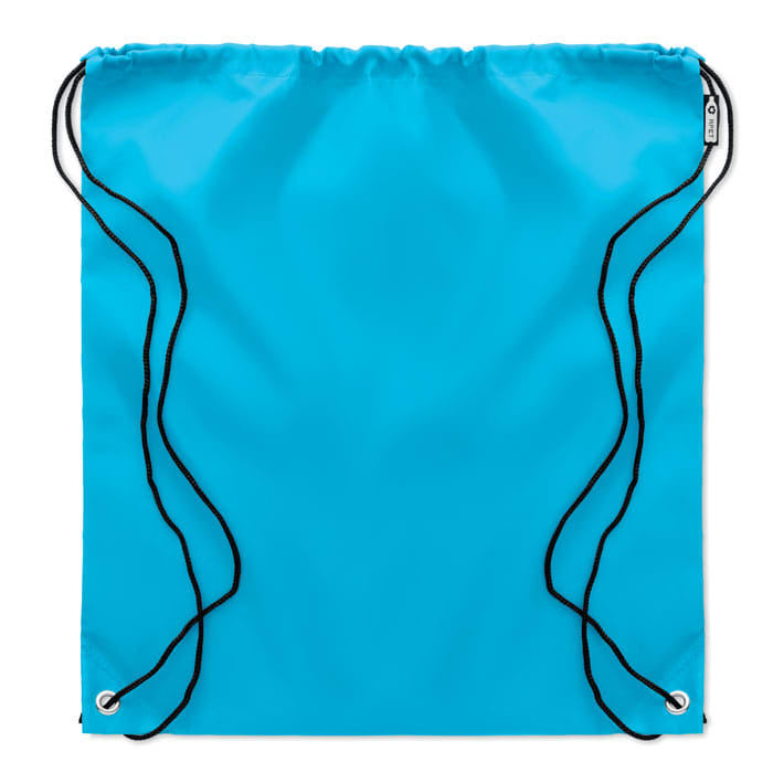 A drawstring bag in a vibrant turquoise colour with black cords for closure. Features eyelets at the corners.