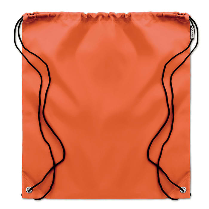 An orange drawstring bag with black cords and metallic eyelets, designed for easy closure and carrying.