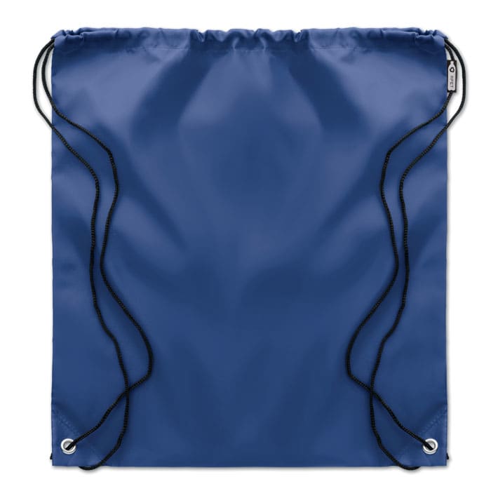 A drawstring bag in a deep blue colour with black cords for closure, featuring a logo.